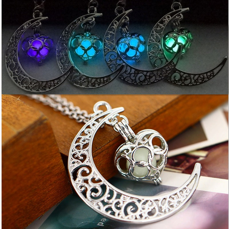 Filigree Glim Cage Crescent Moon Glow in the Dark Necklace