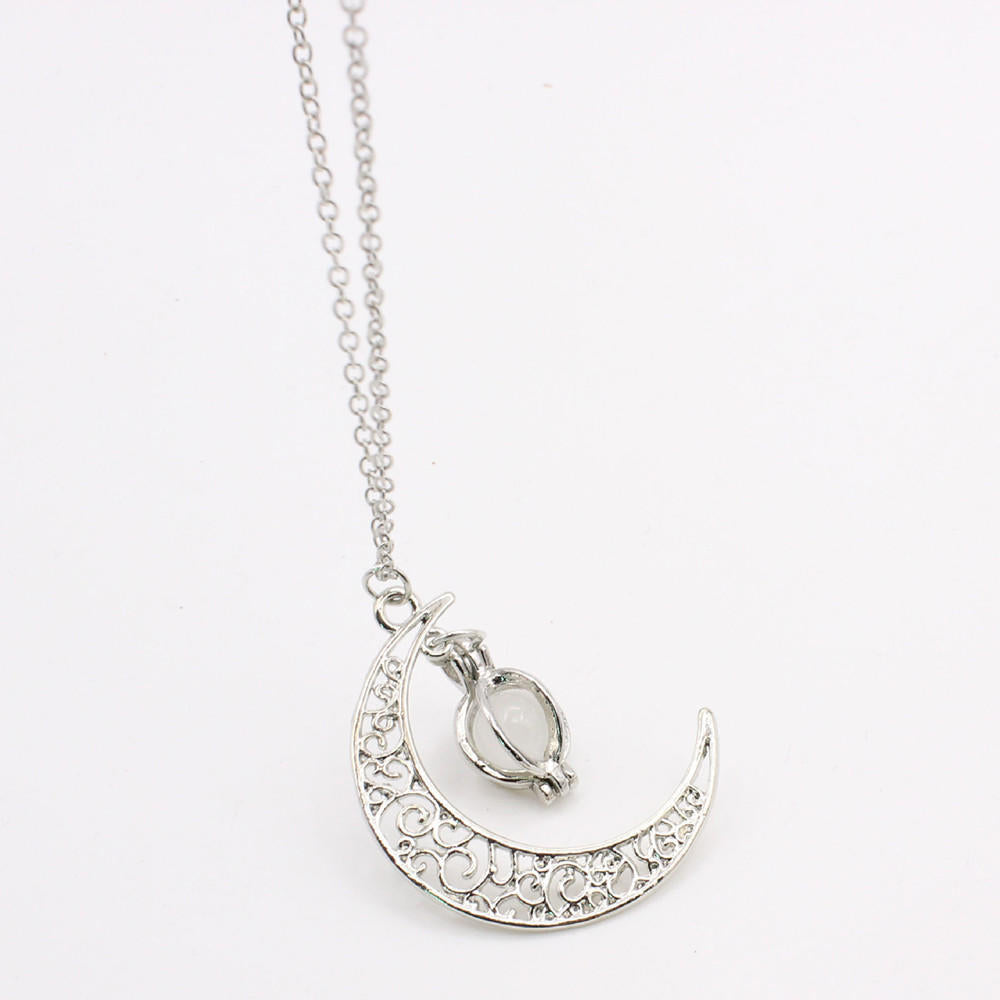 Filigree Glim Cage Crescent Moon Glow in the Dark Necklace