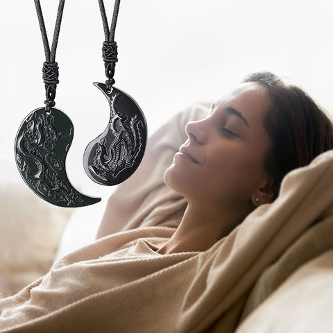 Premium Black Obsidian Talisman - Dragon and Phoenix