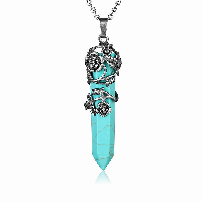 Silver Flower Wrapped Chakra Healing Crystal Necklace