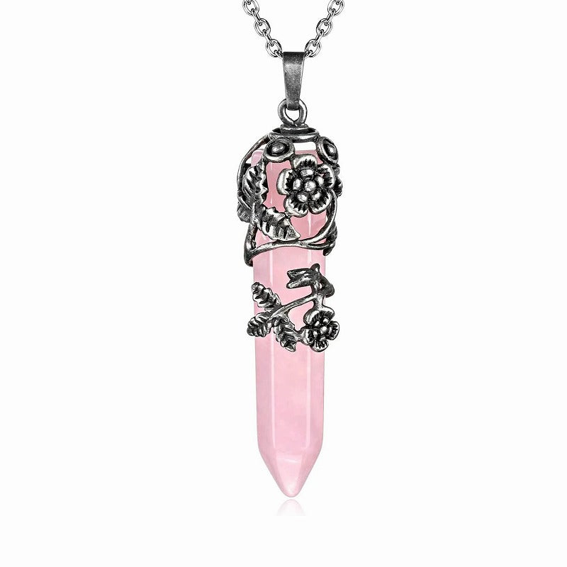 Silver Flower Wrapped Chakra Healing Crystal Necklace