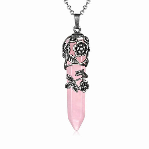 Silver Flower Wrapped Chakra Healing Crystal Necklace