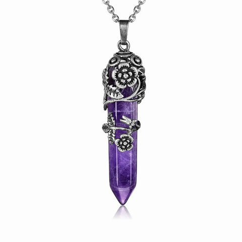 Silver Flower Wrapped Chakra Healing Crystal Necklace