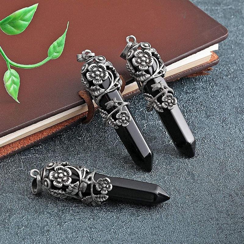 Silver Flower Wrapped Chakra Healing Crystal Necklace