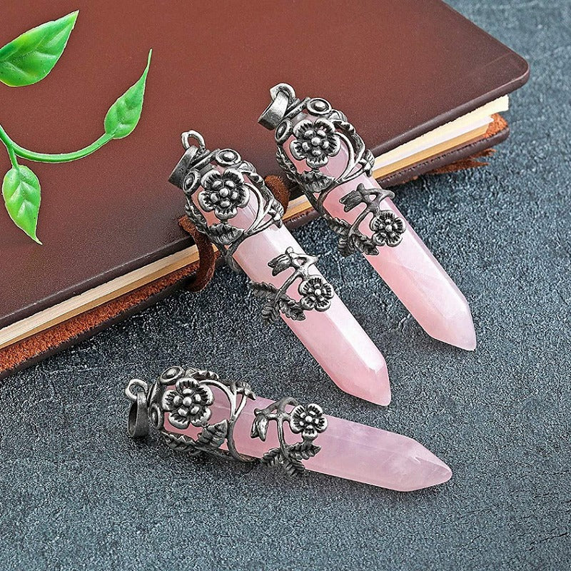 Silver Flower Wrapped Chakra Healing Crystal Necklace