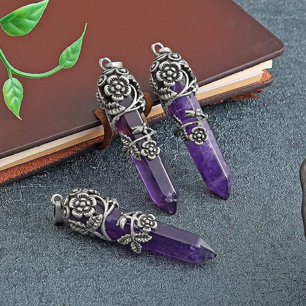 Silver Flower Wrapped Chakra Healing Crystal Necklace