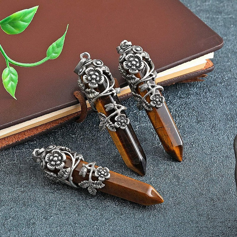 Silver Flower Wrapped Chakra Healing Crystal Necklace