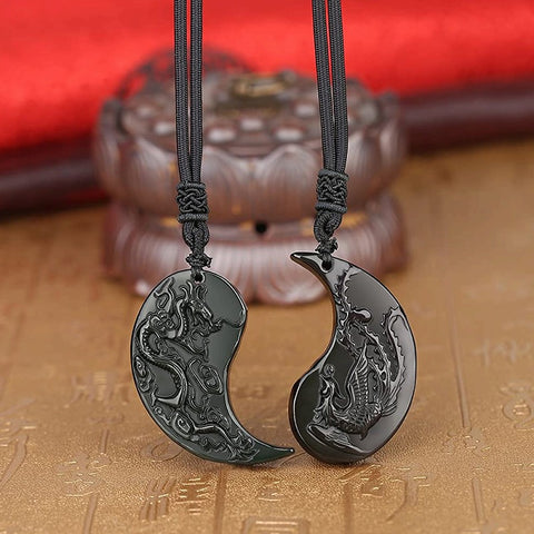 Premium Black Obsidian Talisman - Dragon and Phoenix