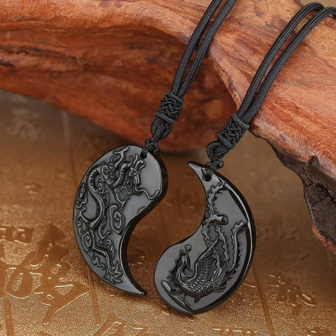 Premium Black Obsidian Talisman - Dragon and Phoenix