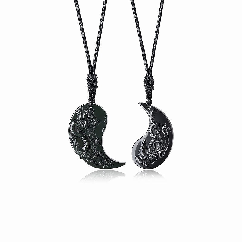 Premium Black Obsidian Talisman - Dragon and Phoenix