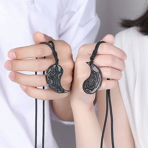 Premium Black Obsidian Talisman - Dragon and Phoenix