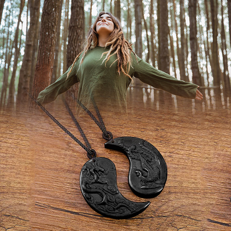 Premium Black Obsidian Talisman - Dragon and Phoenix