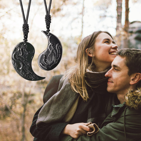 Premium Black Obsidian Talisman - Dragon and Phoenix
